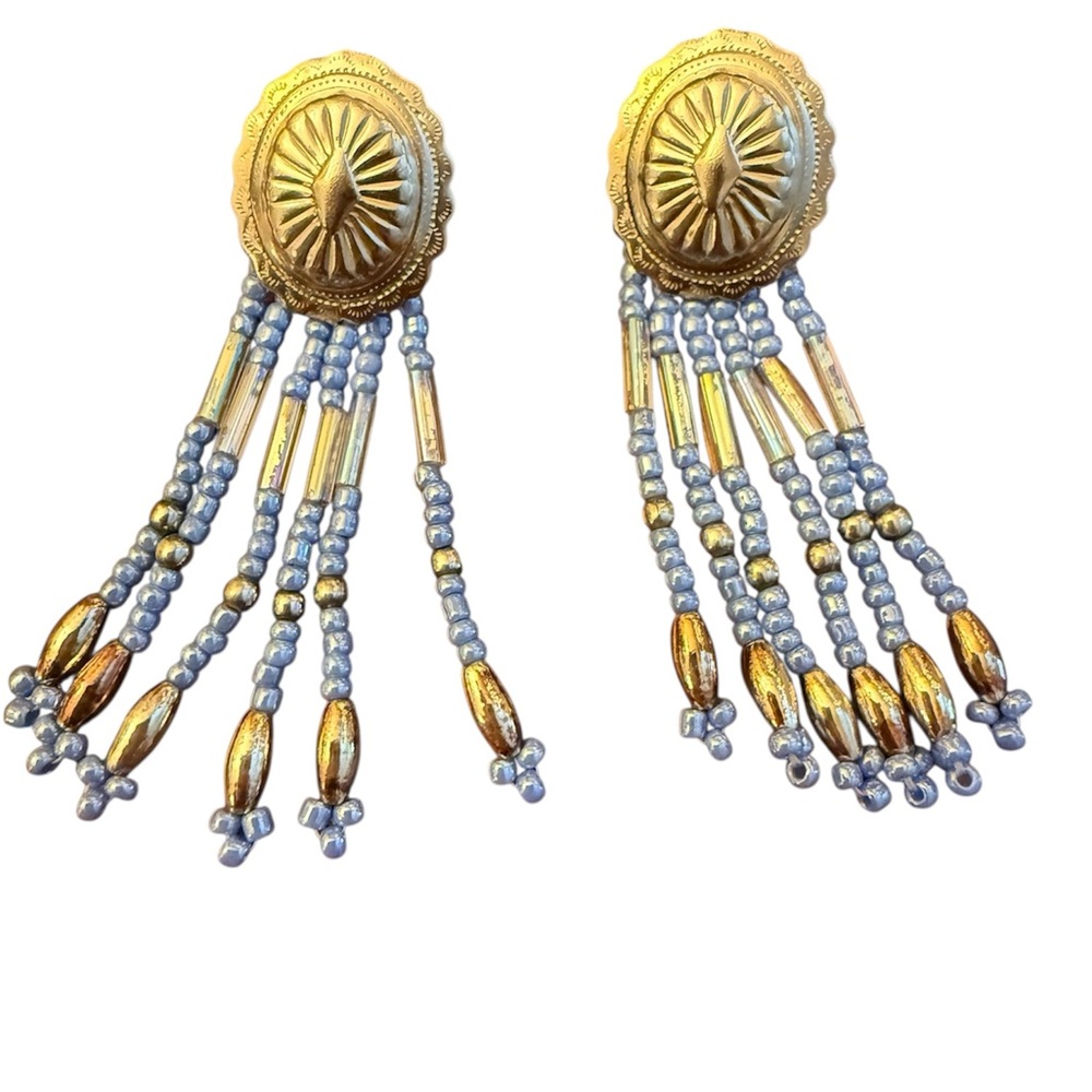 Sterling Silver Southwestern Blue Beaded Oval Dangle Earrings
